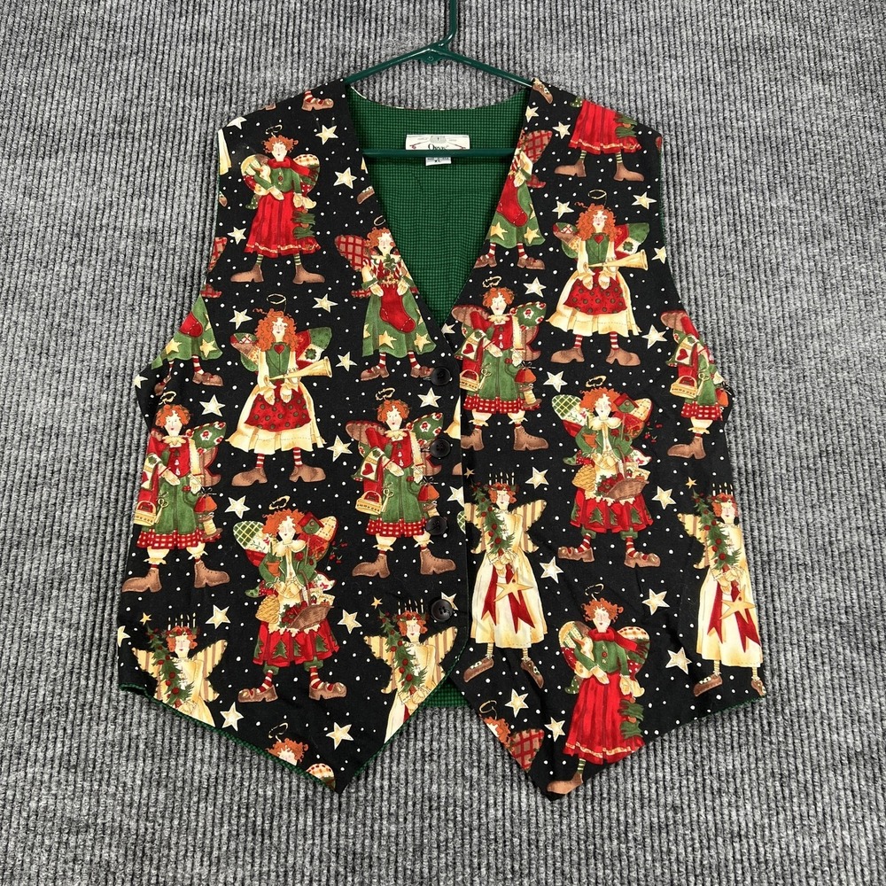 Vintage Orvis Vest Womens XL Black Christmas Angel Print‎ Button Front Made USA